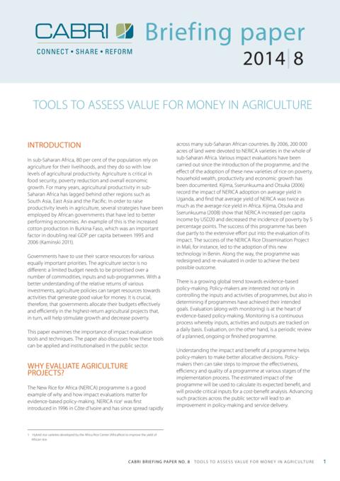 Policy Brief 2014 Cabri Value For Money Agriculture Tools To Assess Vfm In Agriculture English Cabri Agri Briefing Paper 8 English