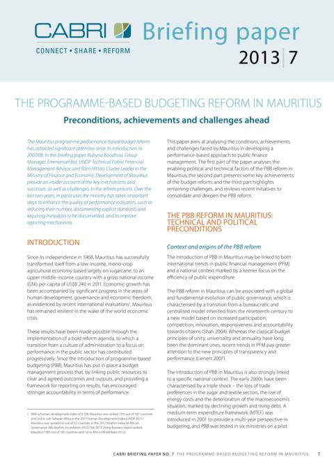 Policy Brief 2013 Cabri Capable Finance Ministries Budget Practices And Reforms English Brief 7 Cabri Briefing Papers Pbb In Mauritius 2013 English
