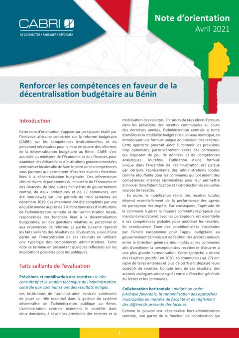 Note d'orientation: Renforcer les compétences en faveur de la décentralisation budgétaire au Béni