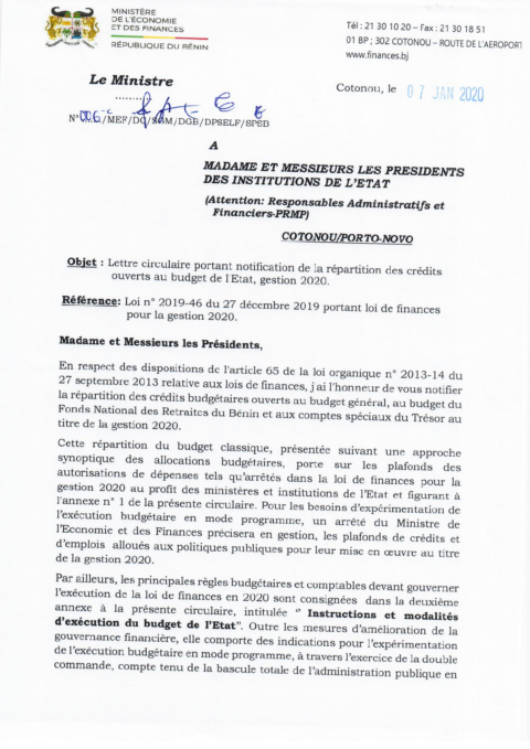 Benin 2020 Approval External Enacted Budget Ministry Of Economy And Finance ECOWASCEN SAD French 864bdf