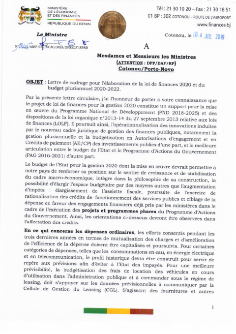 Benin 2020 Formulation External Budget Call Circular Ministry Of Economy And Finance ECOWASCEN SAD French 22b6f7
