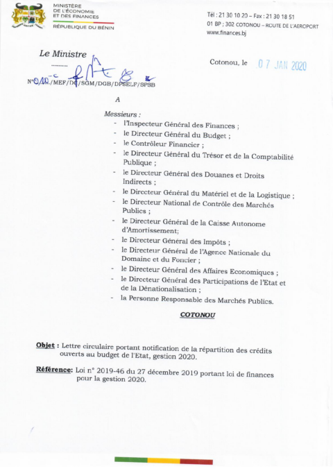 Benin 2020 Formulation External Budget Call Circular Ministry Of Economy And Finance ECOWASCEN SAD French 43c9a0