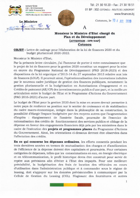 Benin 2020 Formulation External Budget Call Circular Ministry Of Economy And Finance ECOWASCEN SAD French 93ecaa