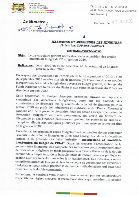 Benin 2020 Formulation External Budget Call Circular Ministry Of Economy And Finance ECOWASCEN SAD French c482b4