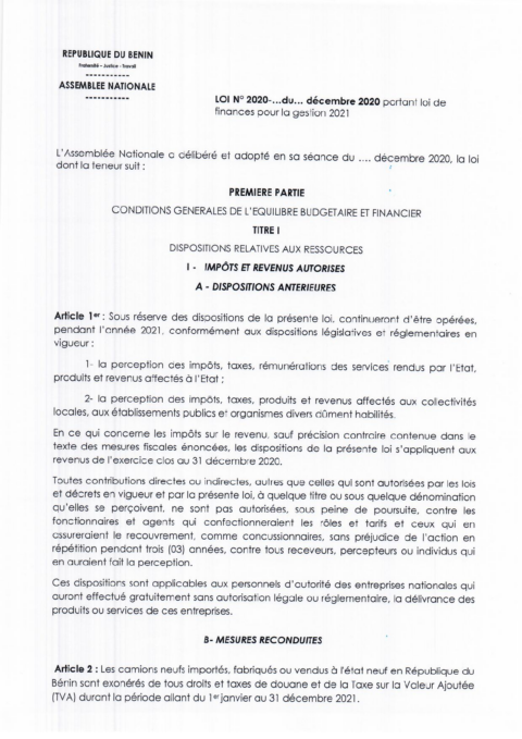 Benin 2021 Approval External Enacted Budget Ministry Of Economy And Finance ECOWASCEN SAD French 504807