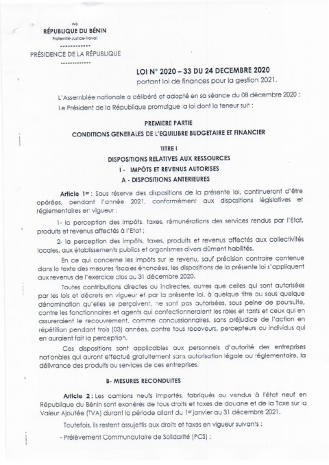 Benin 2021 Approval External Enacted Budget Ministry Of Economy And Finance ECOWASCEN SAD French ac774a
