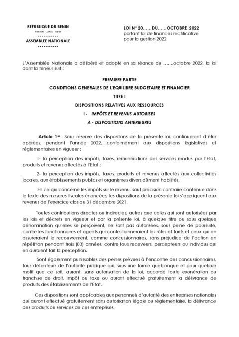 Benin 2022 Approval External Adjusted Budget Proposal Ministry Of Economy And Finance ECOWASCEN SAD French f419ec