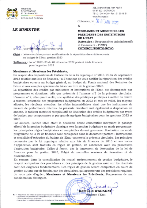 Benin 2023 Formulation External Budget Call Circular Ministry Of Economy And Finance ECOWASCEN SAD French 08b543