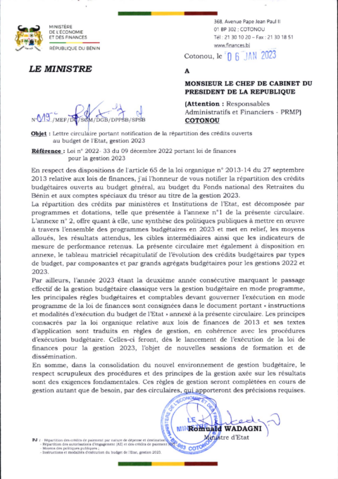 Benin 2023 Formulation External Budget Call Circular Ministry Of Economy And Finance ECOWASCEN SAD French ece11b