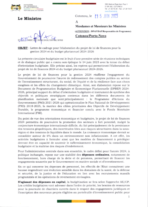 Benin 2024 Formulation External Budget Call Circular Ministry Of Economy And Finance ECOWASCEN SAD French 81bc5e