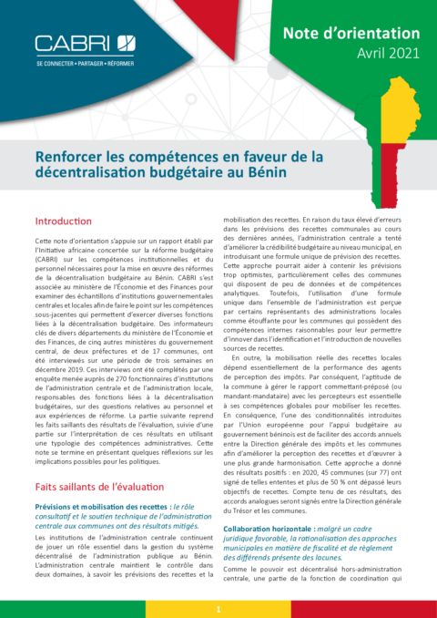 Note d'orientation: Renforcer les compétences en faveur de la décentralisation budgétaire au Béni