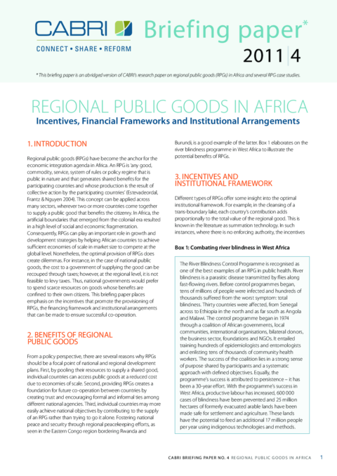 Policy Brief 2011 Cabri Fiscal Policy Regional Public Goods Regional Public Goods In Africa English Brief 4 Rpg English