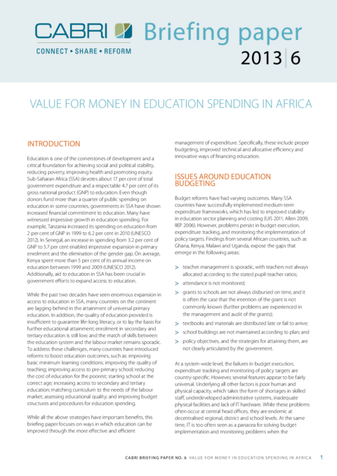 Policy Brief 2013 Cabri Value For Money Education Education Spending In Africa English Brief 6 Cabri Education Briefing Paper Engl